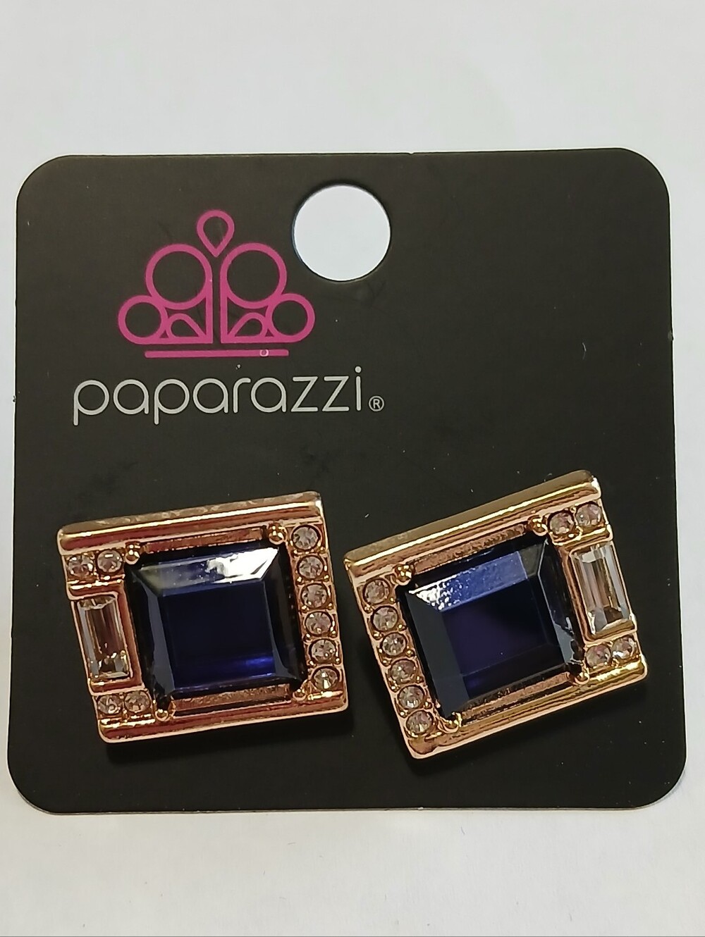 Paparazzi-Mens Gold-Tone Navy Square Center Crystal Cuff Links